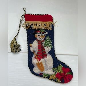 IMPERIAL ELEGANCE Vtg Wool Needlepoint Snowman Stocking Velvet Back 1991 Tassels
